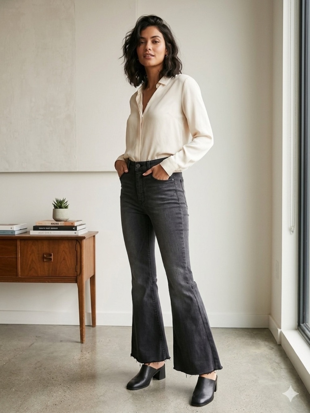 Free People Bell Bottoms Jeans Washed Black Stretch Size W26